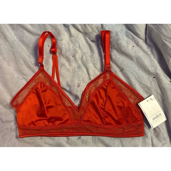 NEW‎ Auden Red Satin Mesh Trim Unlined Triangle Bralette, Size XS - Picture 1 of 5
